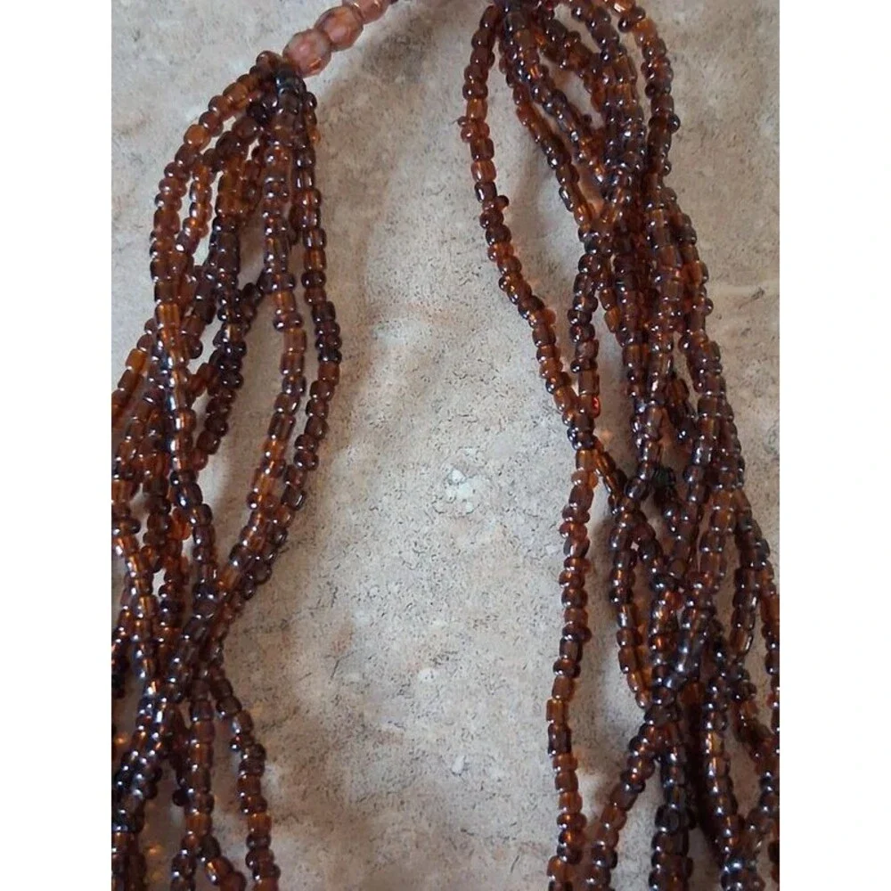 Brown Iridescent Seed Bead Multi Strand Knotted Tassel Lariat Statement Necklace